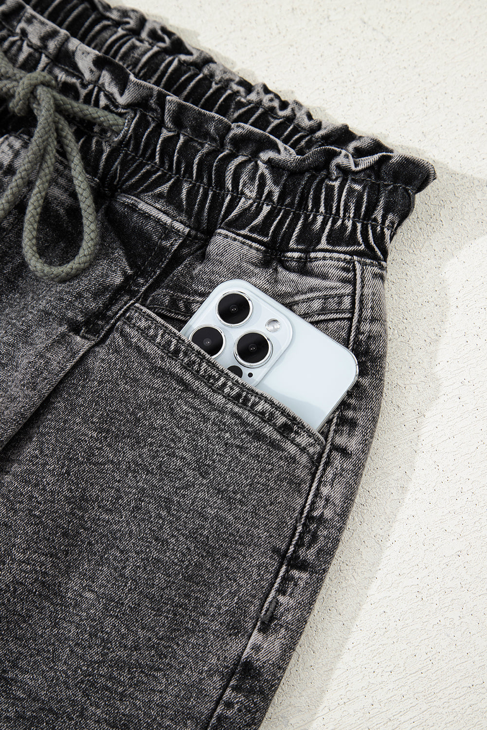 High-rise Drawstring Denim Shorts with Pockets eAura
