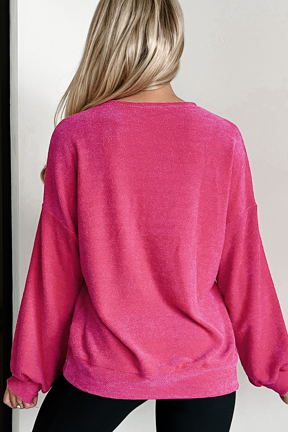 Rose Red Textured Long Sleeve V Neck Top eAura