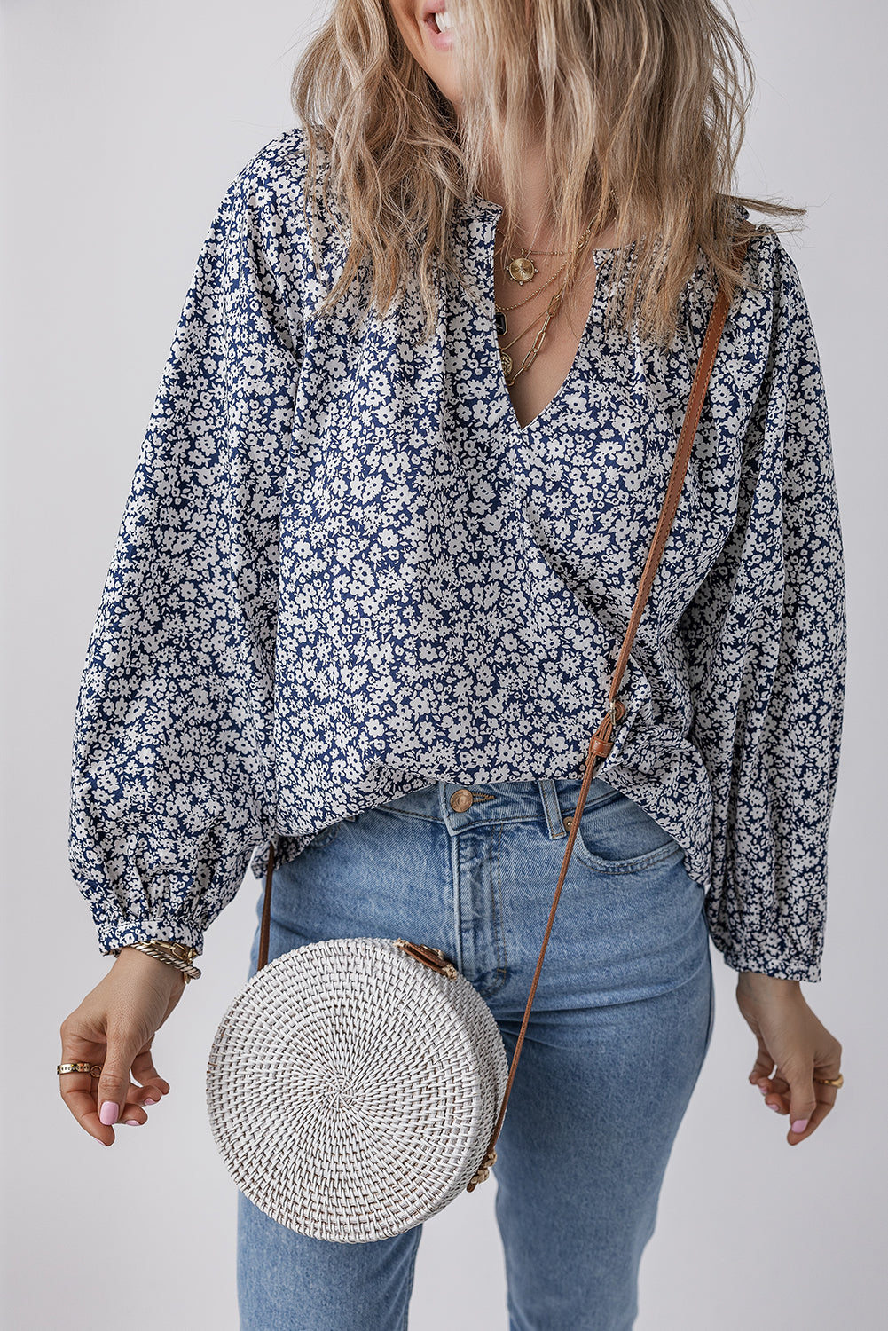Blue Floral Print Notched V Neck Puff Sleeve Blouse eAura