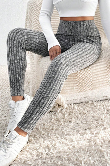 Grey Wide Waistband Ribbed Textured Knit Leggings Beagle Boutique Fashion Outlet