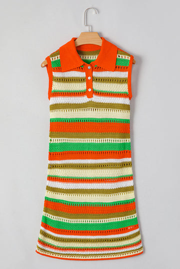 Yellow Stripe Eyelet Sleeveless Buttoned Split Neck Sweater Dress eAura