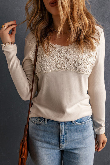 Beige Lace Crochet V Neck Long Sleeve Top eAura
