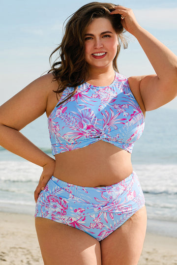 Sky Blue Plus Size Floral Print Twisted High Waist Bikini Set BB Fashion Outlet