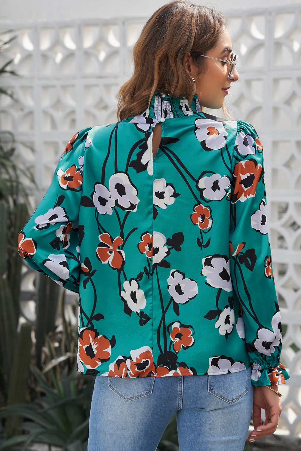 Floral Print Smocked Mock Neck Blouse eAura
