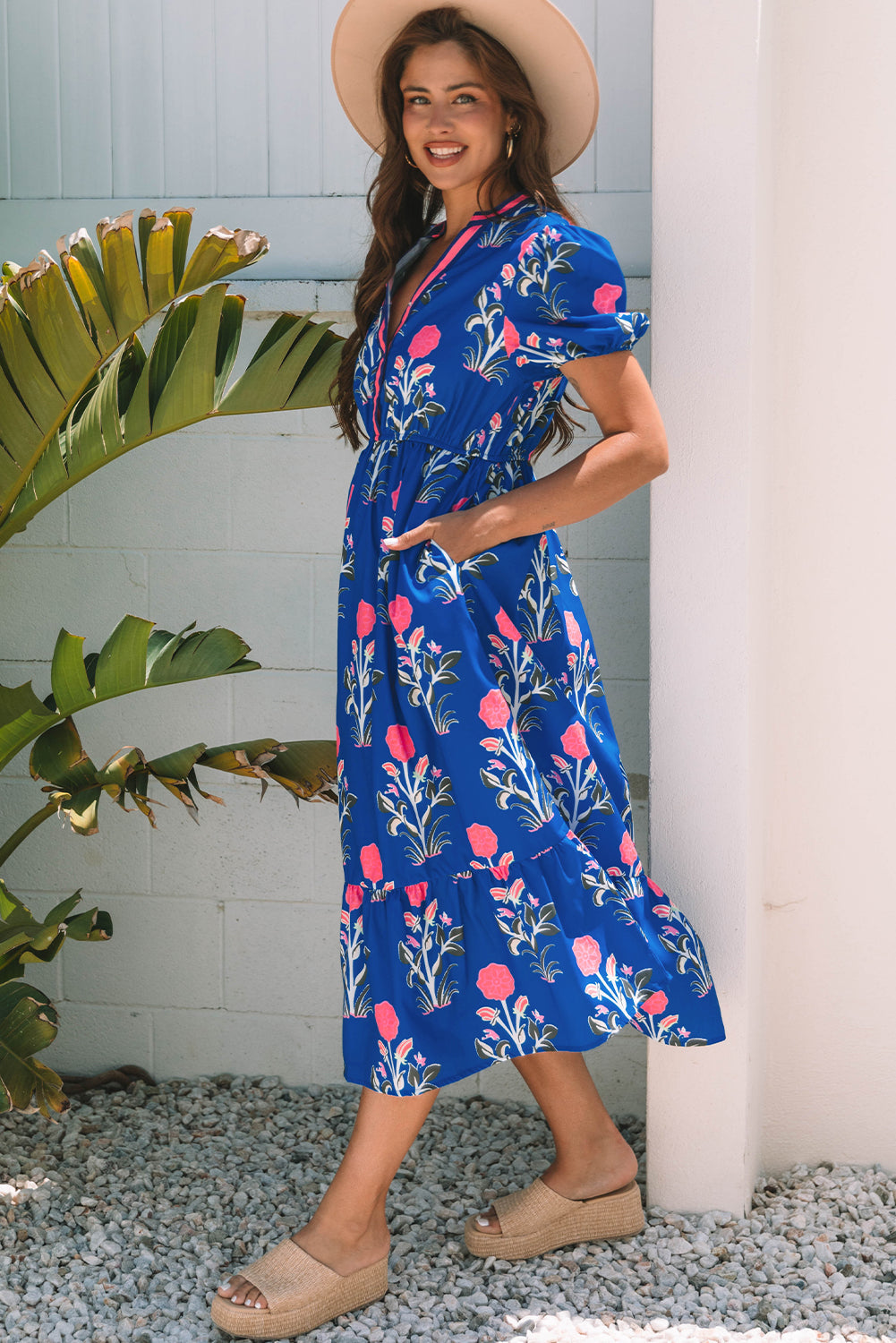 Floral Puff Short Sleeve V Neck High Waist Maxi Dress eAura