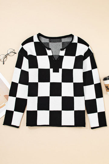 Checked Notched Neckline Drop Shoulder Knit Sweater eAura
