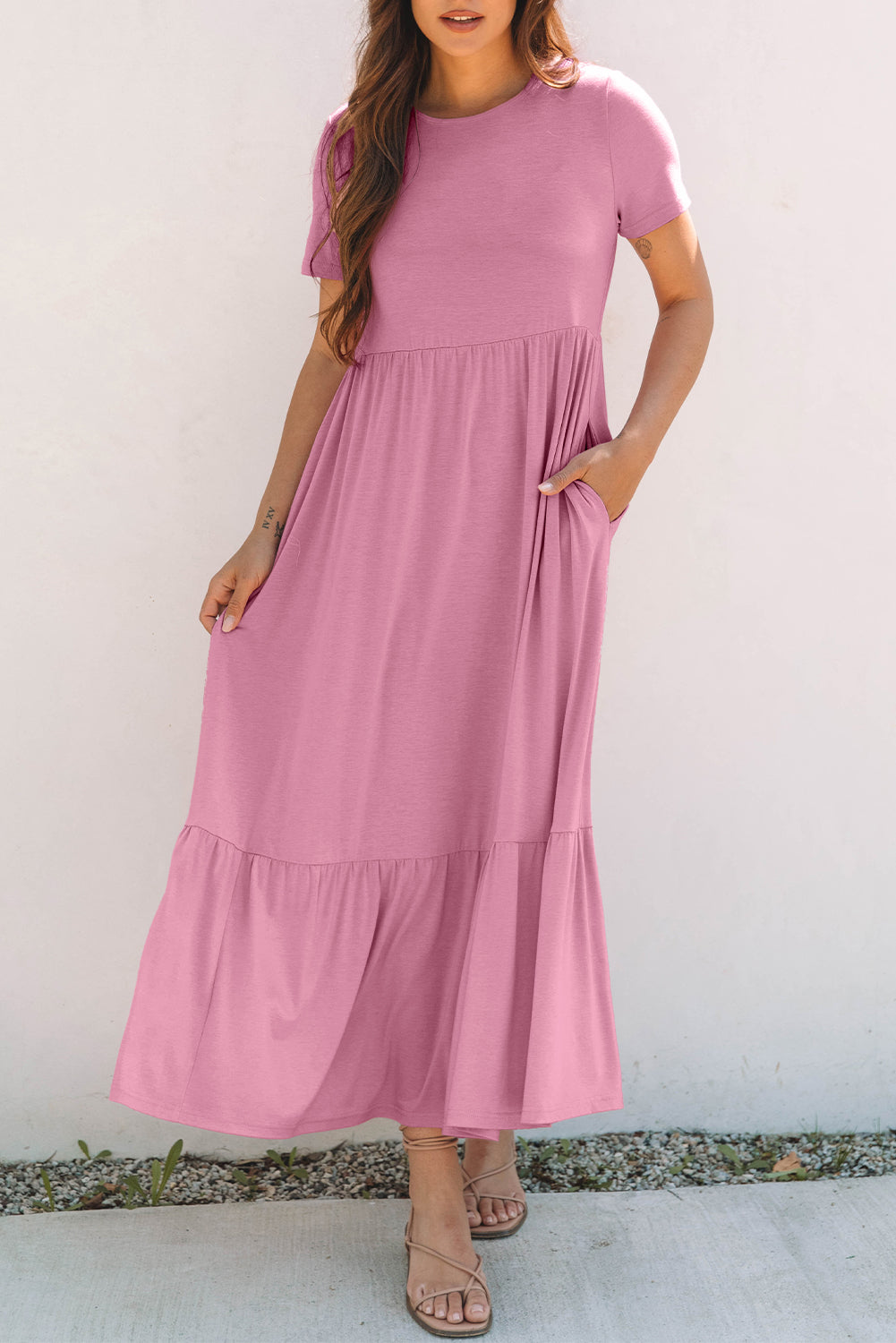 Pink Solid Colour T-shirt High Waist Pocketed Long Dress eAura