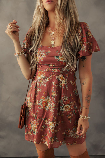 Floral Puff Sleeve Square Neck Knot Open Back Mini Dress eAura