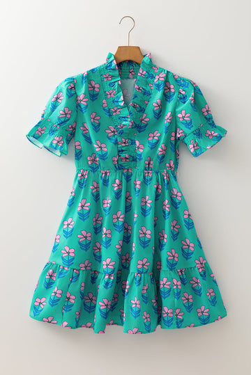Green Floral Print Frilly Smocked Detail Mini Dress Dear-Lover Dropshipping