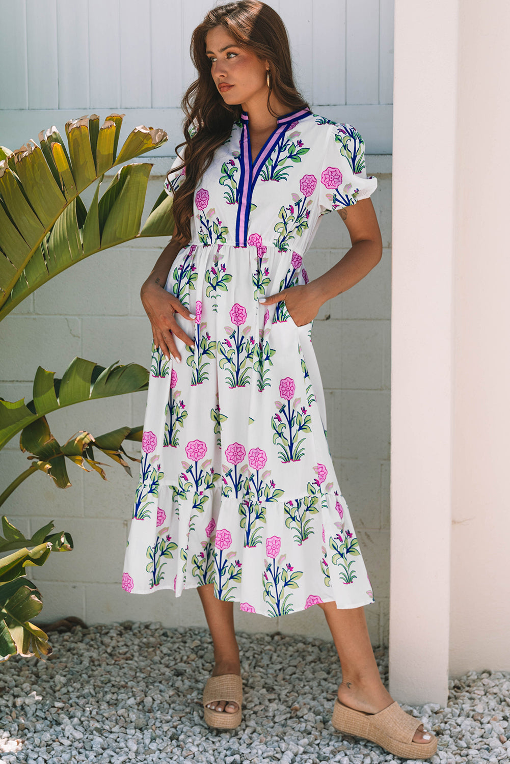 Floral Puff Short Sleeve V Neck High Waist Maxi Dress eAura