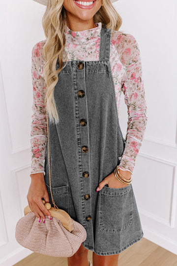 Medium Grey Wide Strap Button Front Pocketed Denim Mini Dress eAura