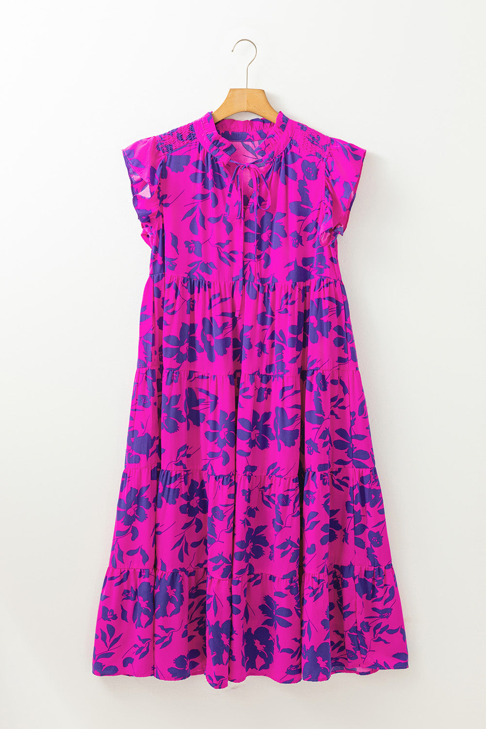Rose Floral Print Tiered Frilled Trim Flutter Sleeve Maxi Dress eAura