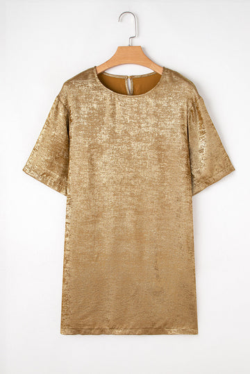 Gold Metallic Luster Crewneck Mini T-Shirt Dress eAura
