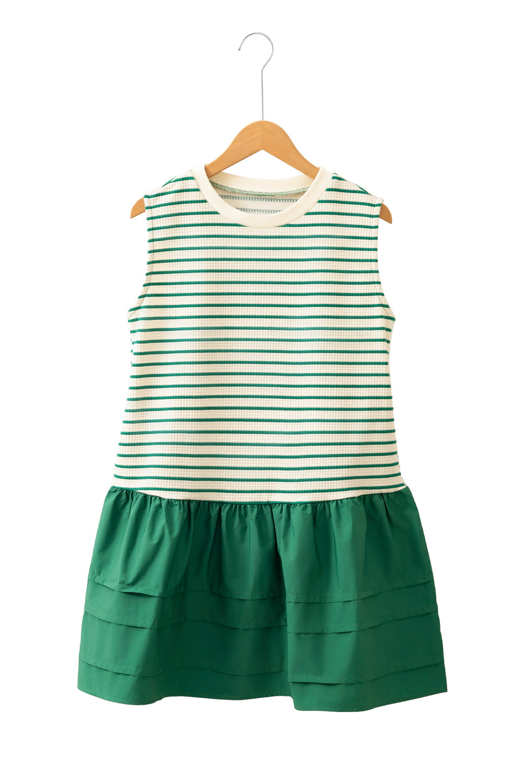 Green Stripe Woven Ruffled Sleeveless Mini Dress eAura