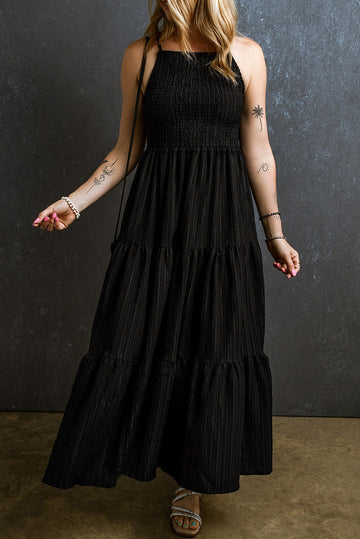 Black Spaghetti Straps Smocked Pleated Tiered Maxi Dress eAura