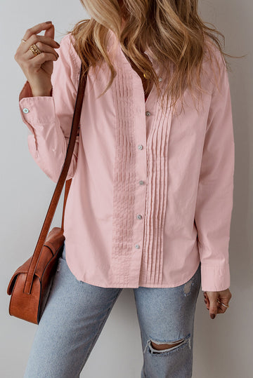 Light Pink Pleated Button-Up Loose Fit Casual Shirt Beagle Boutique Fashion Outlet
