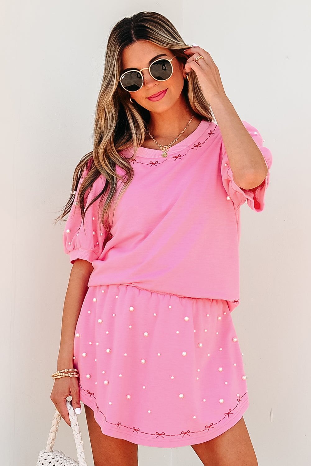 Pink Contrast Bow Trim Pearl Puff Sleeve Top and Skort Co-ord eAura