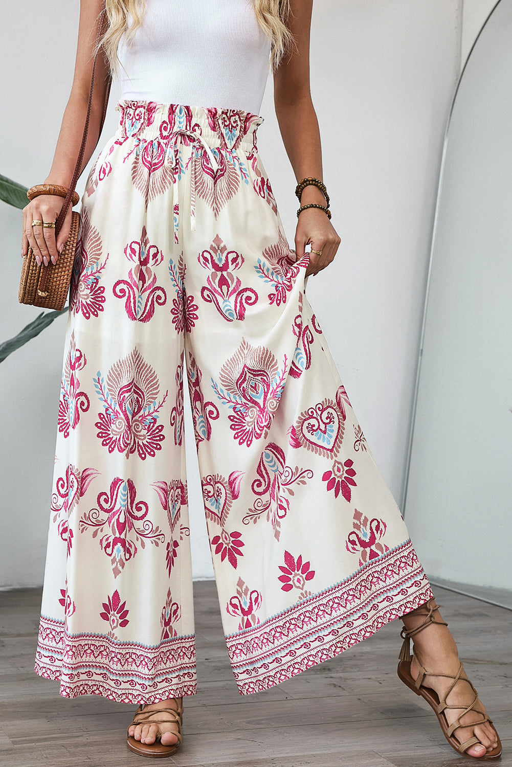 Rose Boho Print Shirred High Waist Wide Leg Trousers eAura