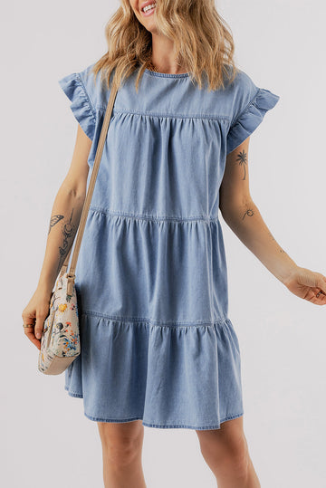 Beau Blue Ruffle Short Sleeve Tiered A-line Denim Dress BB Fashion Outlet