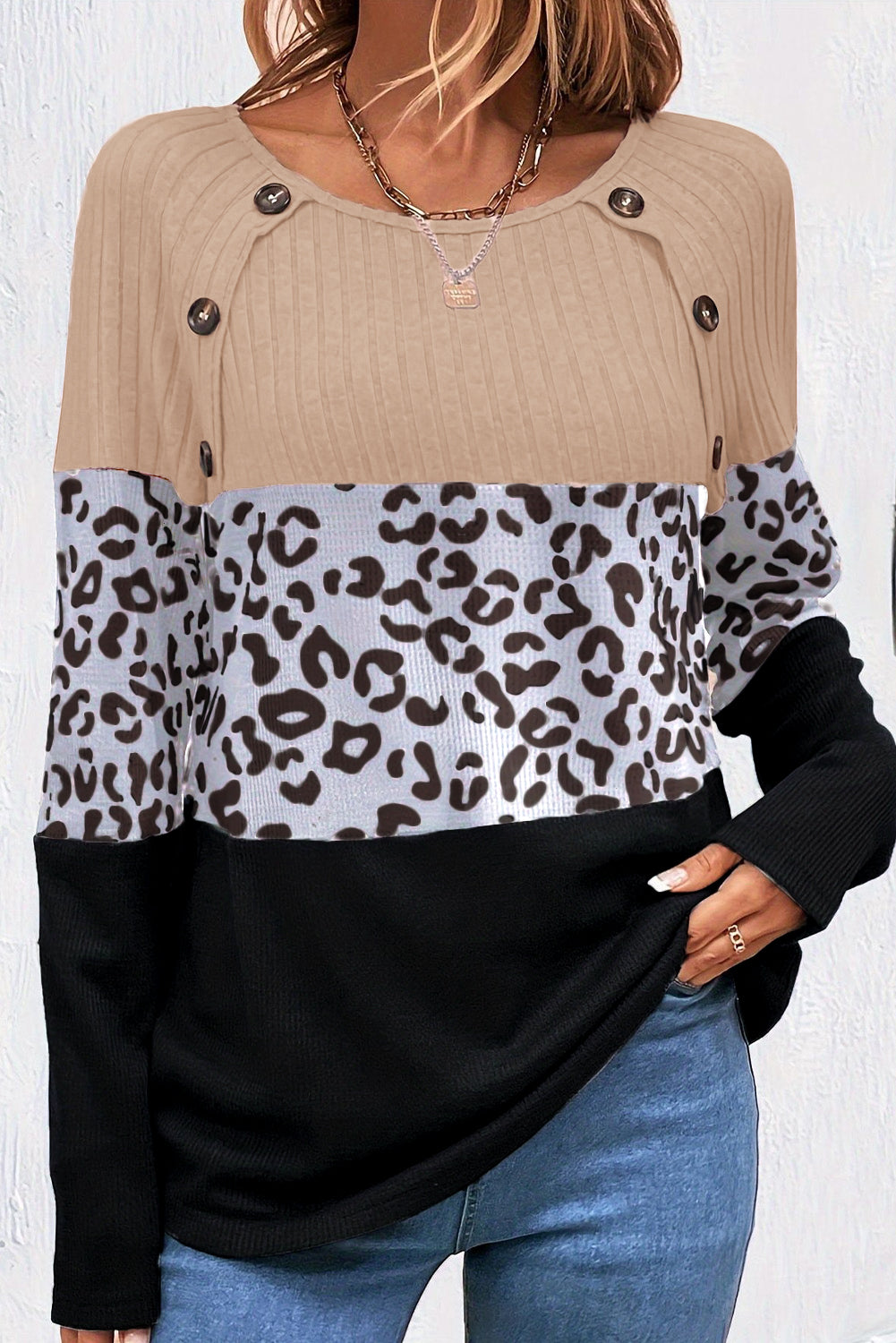 Grey Cheetah Textured Patchwork Buttoned Round Neck T Shirt eAura