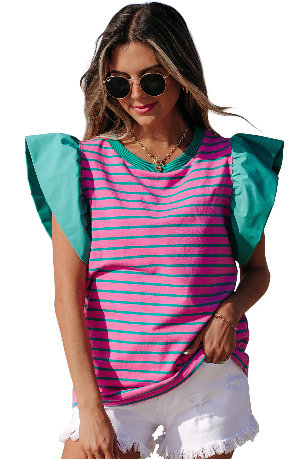 Pink Stripe Colourblock Ruffled Sleeve Crew Neck Blouse eAura