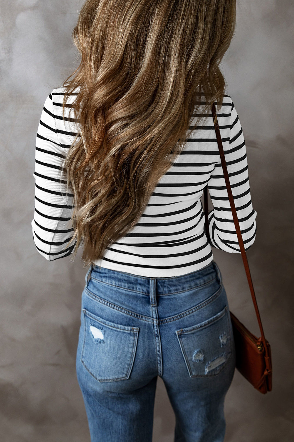 White Stripe Slim Fit Buttoned V Neck Long Sleeve T Shirt eAura
