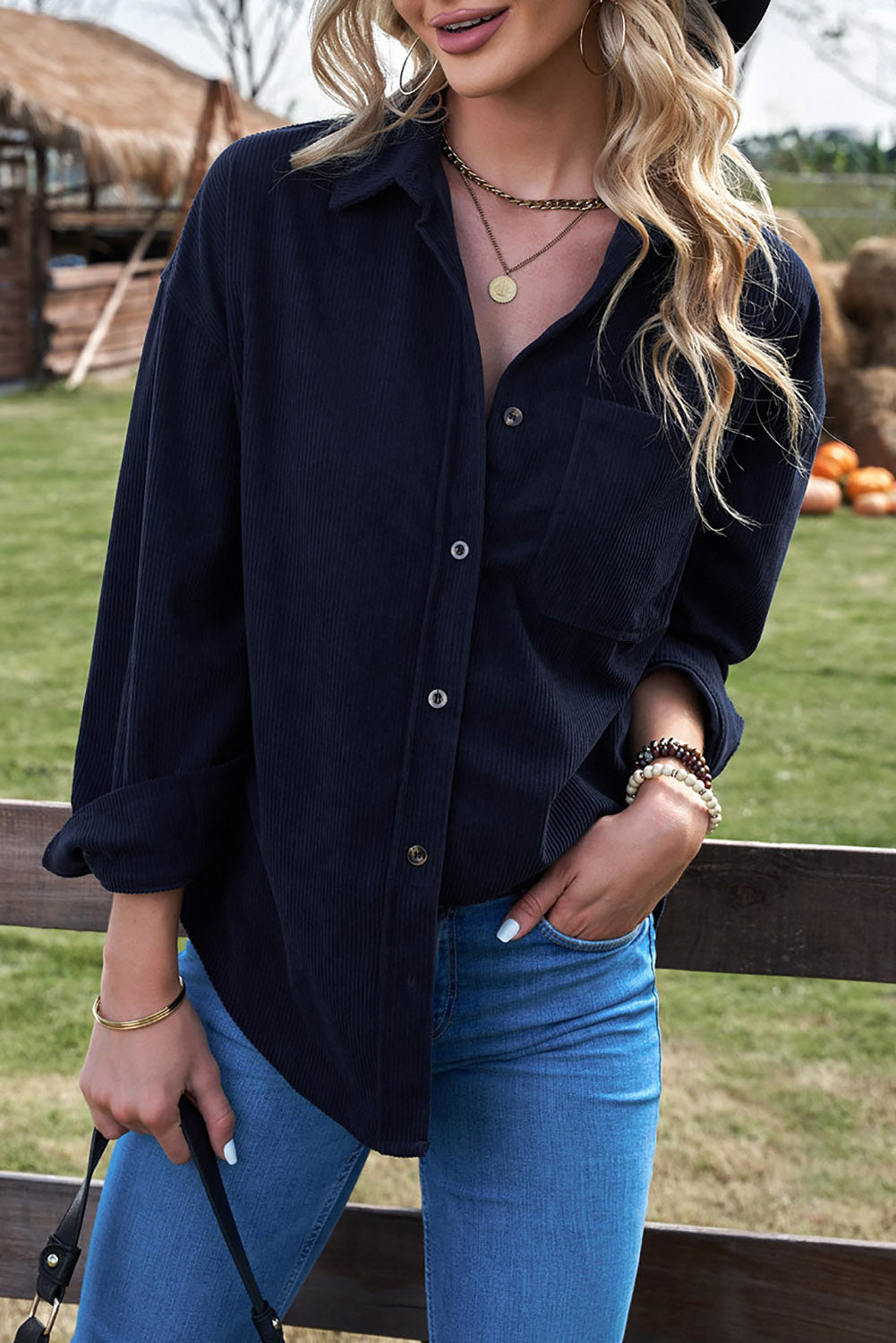 Dark Blue Corduroy Button Pocket Shirt eAura