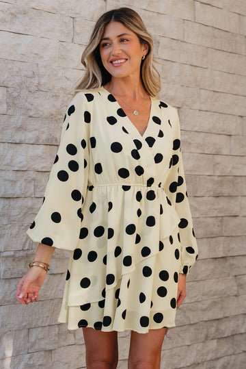 Beige Polka Dot Printed Surplice V Neck Puff Sleeve Mini Dress eAura