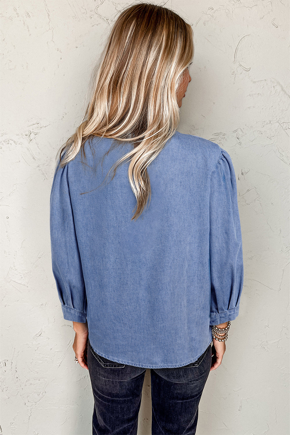 Myosotis Denim Front Pintuck Bow Tie Puff Sleeve Top eAura