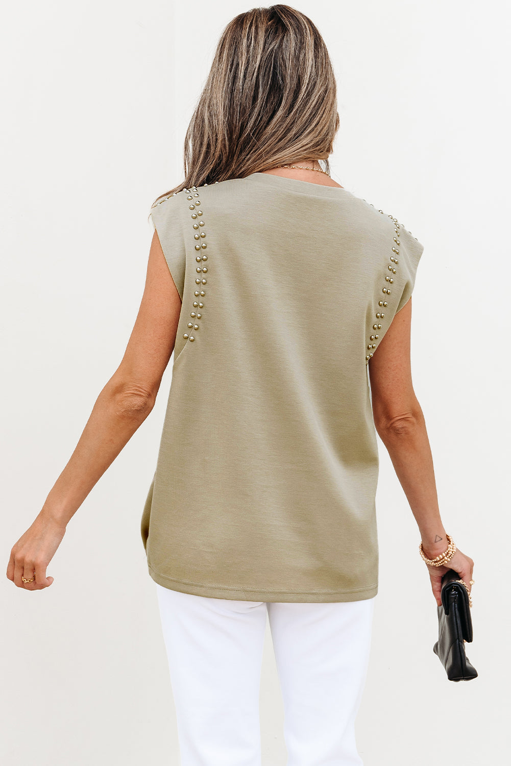 Studded Cap Sleeve Round Neck T Shirt eAura