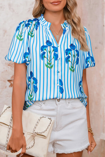Sky Blue Stripe Floral Buttoned Frilly Notched Neck Puff Sleeve Summer Blouse eAura