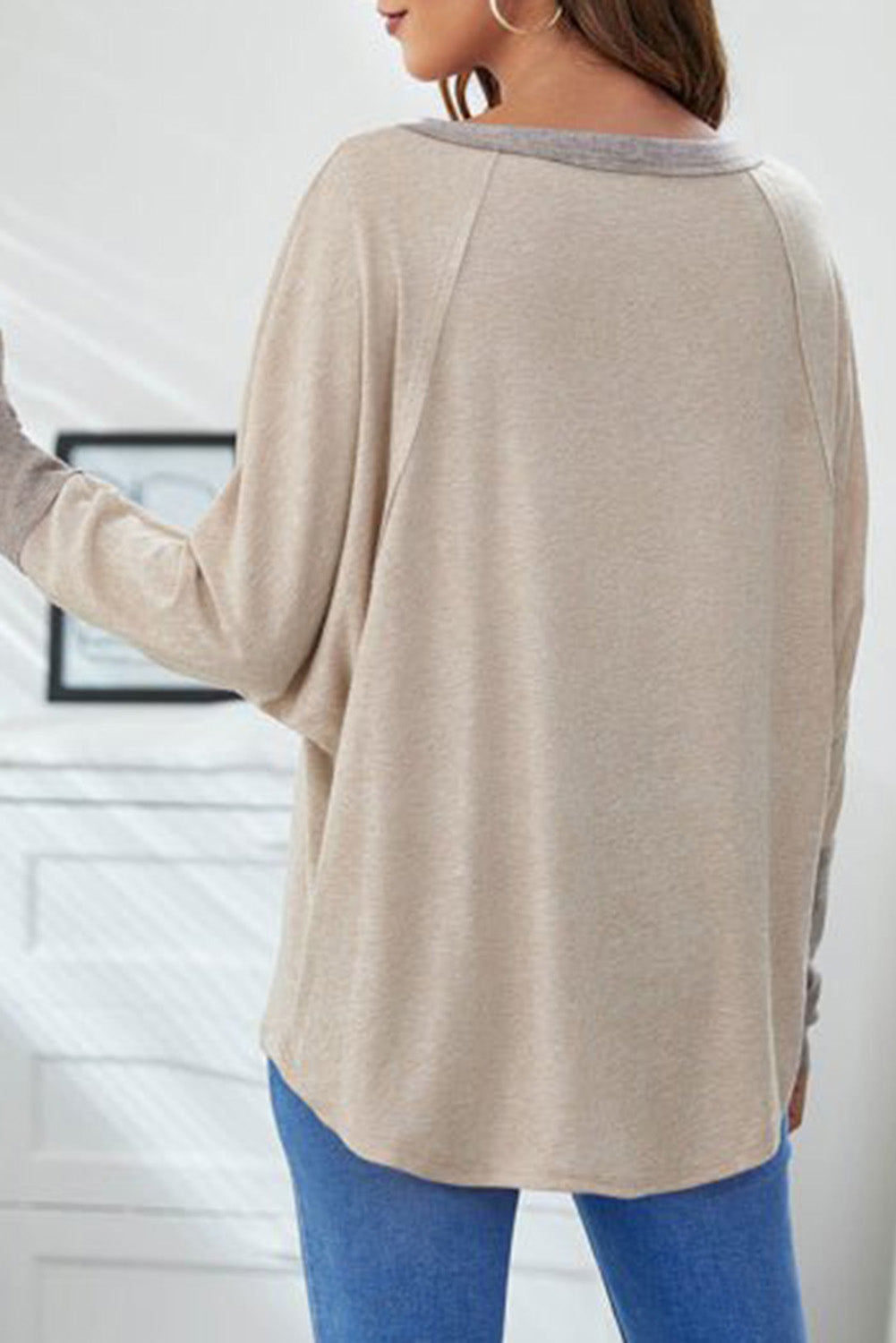Khaki Contrast Cuffs Batwing Sleeve Loose Top eAura
