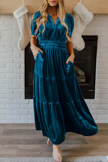 Prussian Blue Velvet Short Sleeve Shirred Waist Tiered Maxi Dress BB Fashion Outlet
