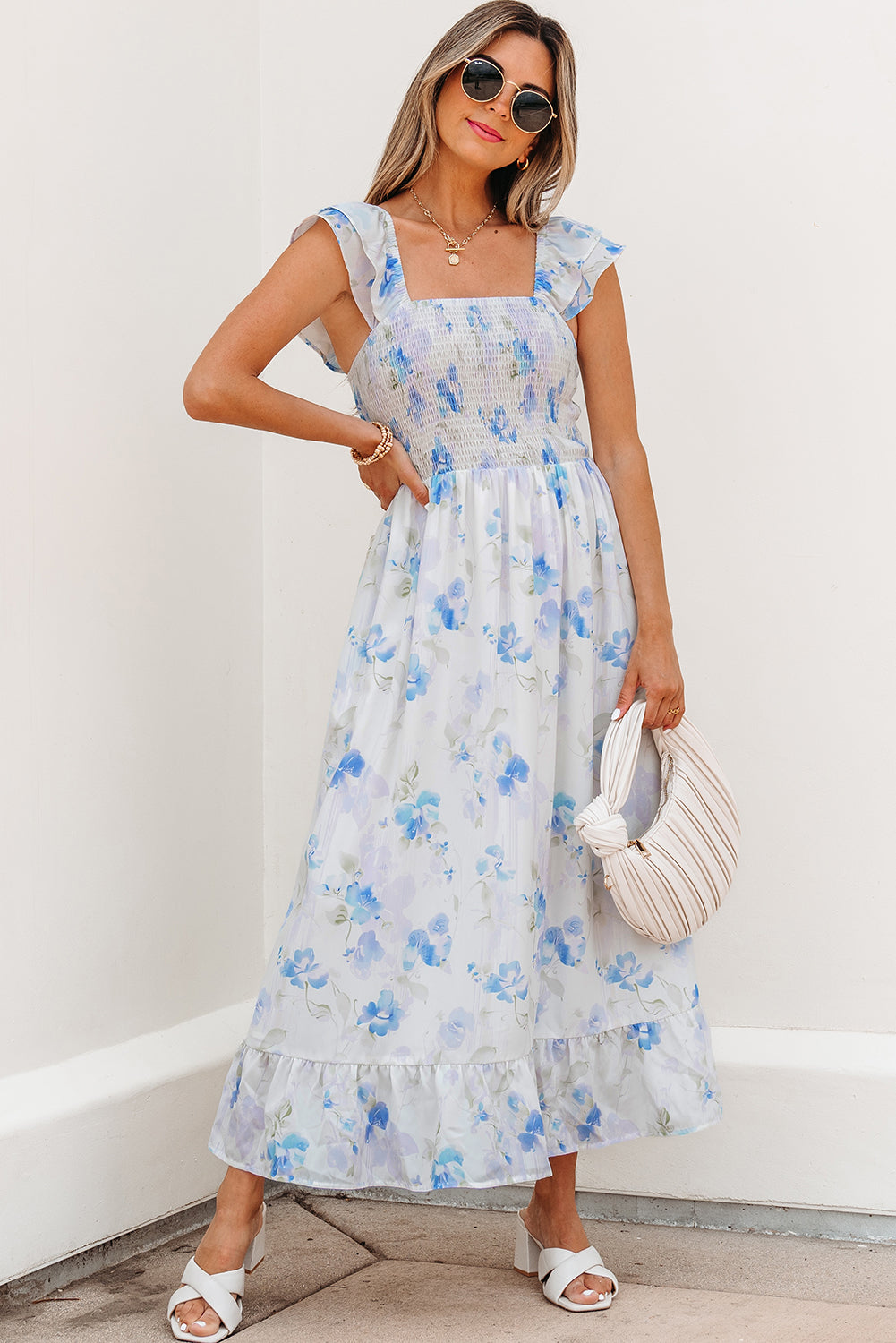 Sky Blue Floral Smocked Ruffle Sleeveless Maxi Dress eAura