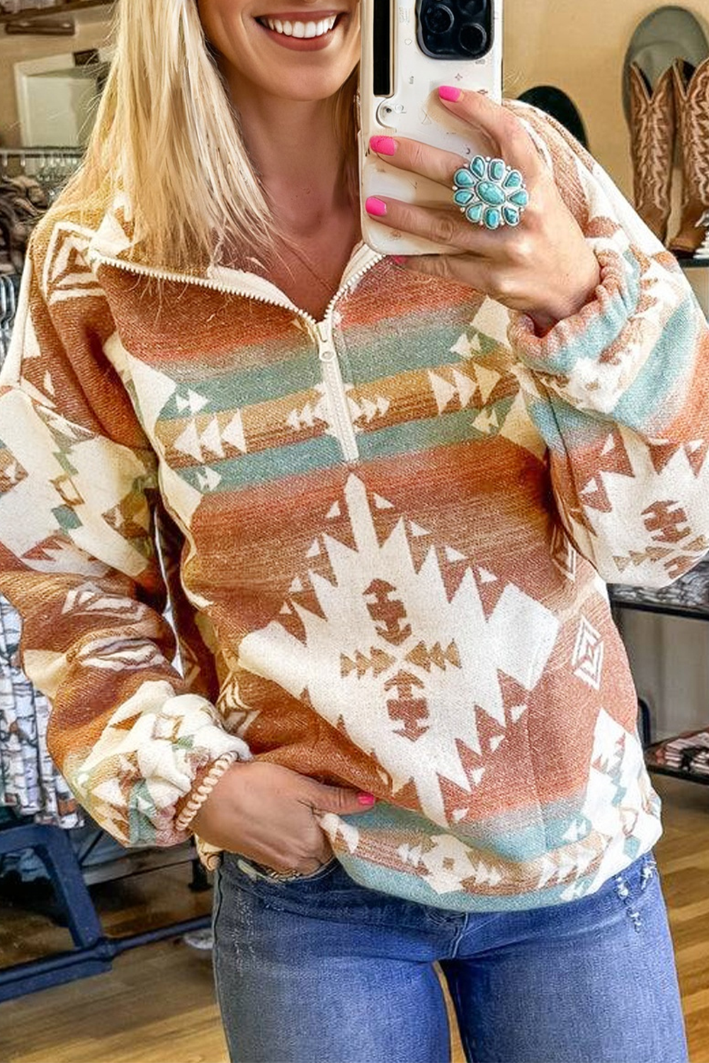 Quarter Zip Elastic Cuffs Aztec Sweatshirt eAura