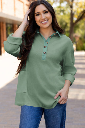 Smoke Green Waffle Long Sleeve Collar Half Button Loose Top eAura