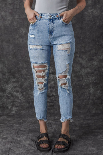Sky Blue Acid Wash Distressed Slim Fit Jeans Beagle Boutique Fashion Outlet