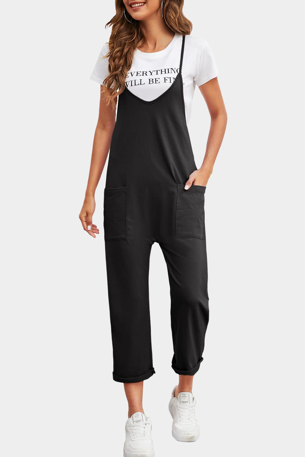 Black Pocketed Adjustable Spaghetti Strap Straight Leg Jumpsuit eAura