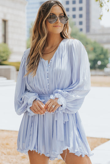 Pink Pleated Ruffled Tie Waist Buttons V Neck Romper eAura