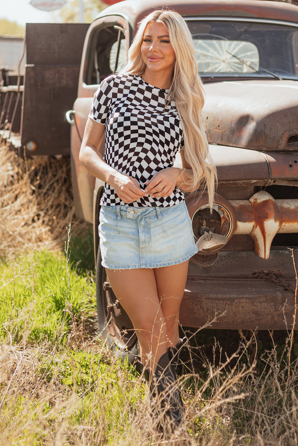 Black Checker Mesh Crew Neck T Shirt eAura