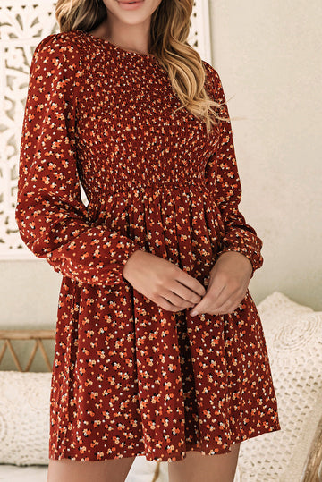 Brown Floral Smocked Bodice Mini Dress eAura