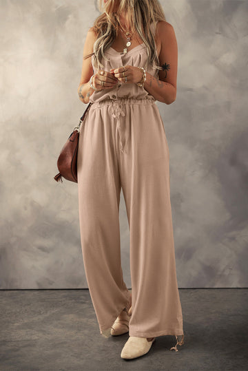Pale Khaki Knotted Straps Button Textured Drawstring Jumpsuit eAura