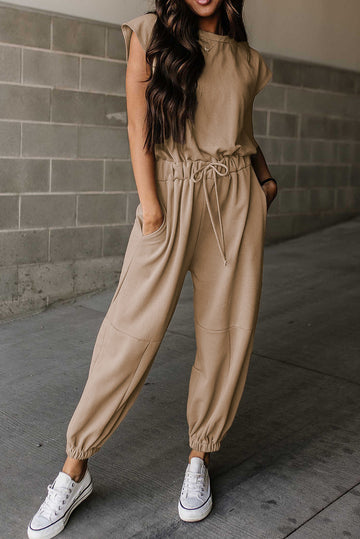 Light French Beige Cap Sleeve Open Back Drawstring Jogger Jumpsuit eAura