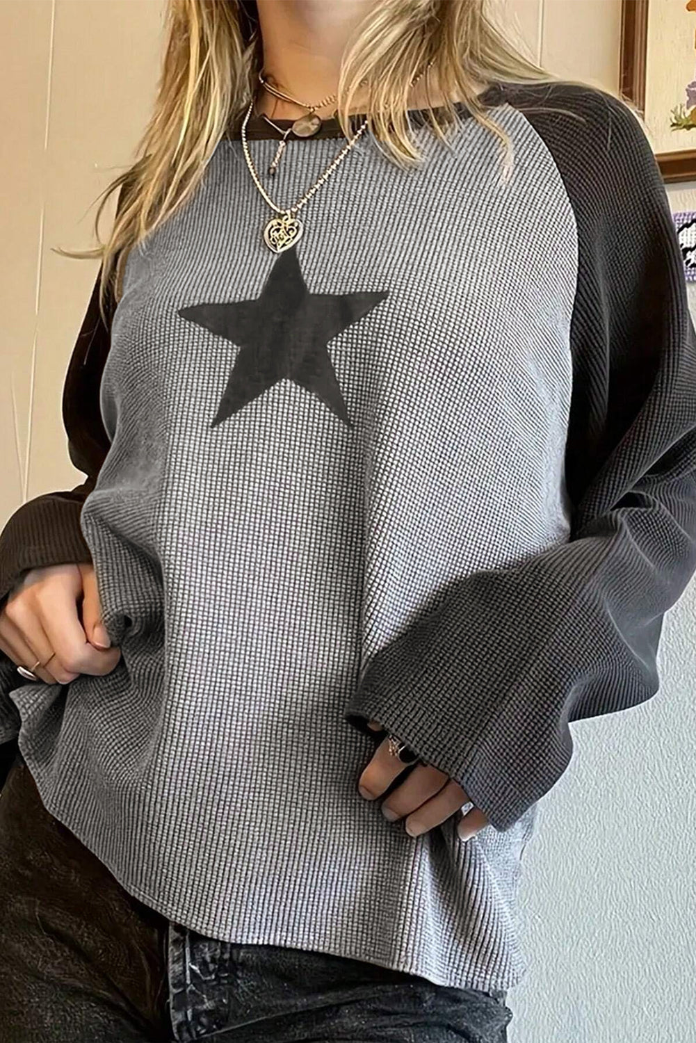 High Waffle Knit Colourblock Star Patch Graphic Raglan Top eAura