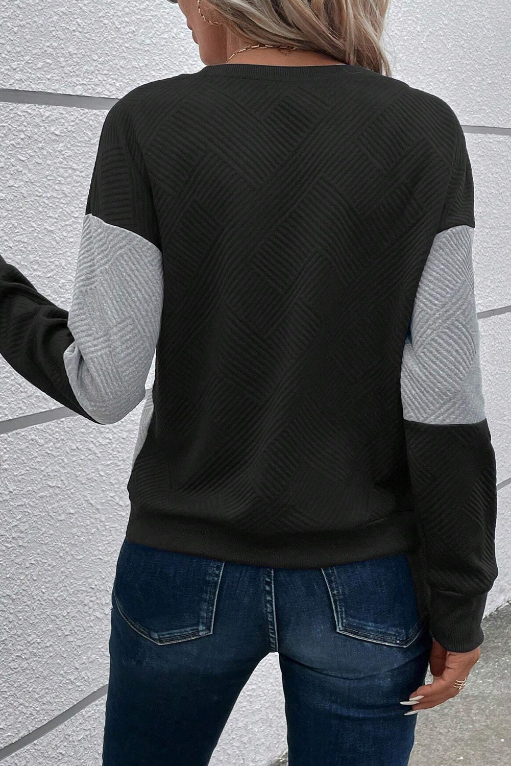 Black Colour Block Textured Drop Shoulder Top eAura