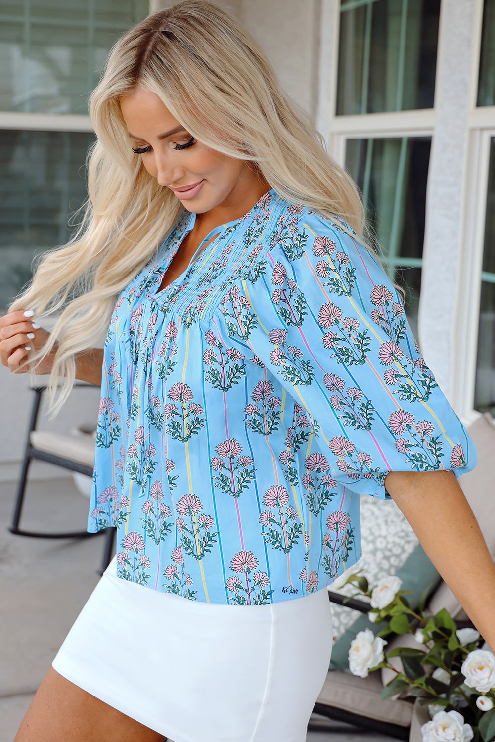Sky Blue Floral Striped Print Tie Shirred Splie Neck Blouse eAura