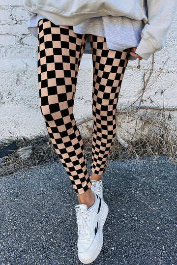 Khaki Checkered Pattern High Waist Skinny Leggings eAura