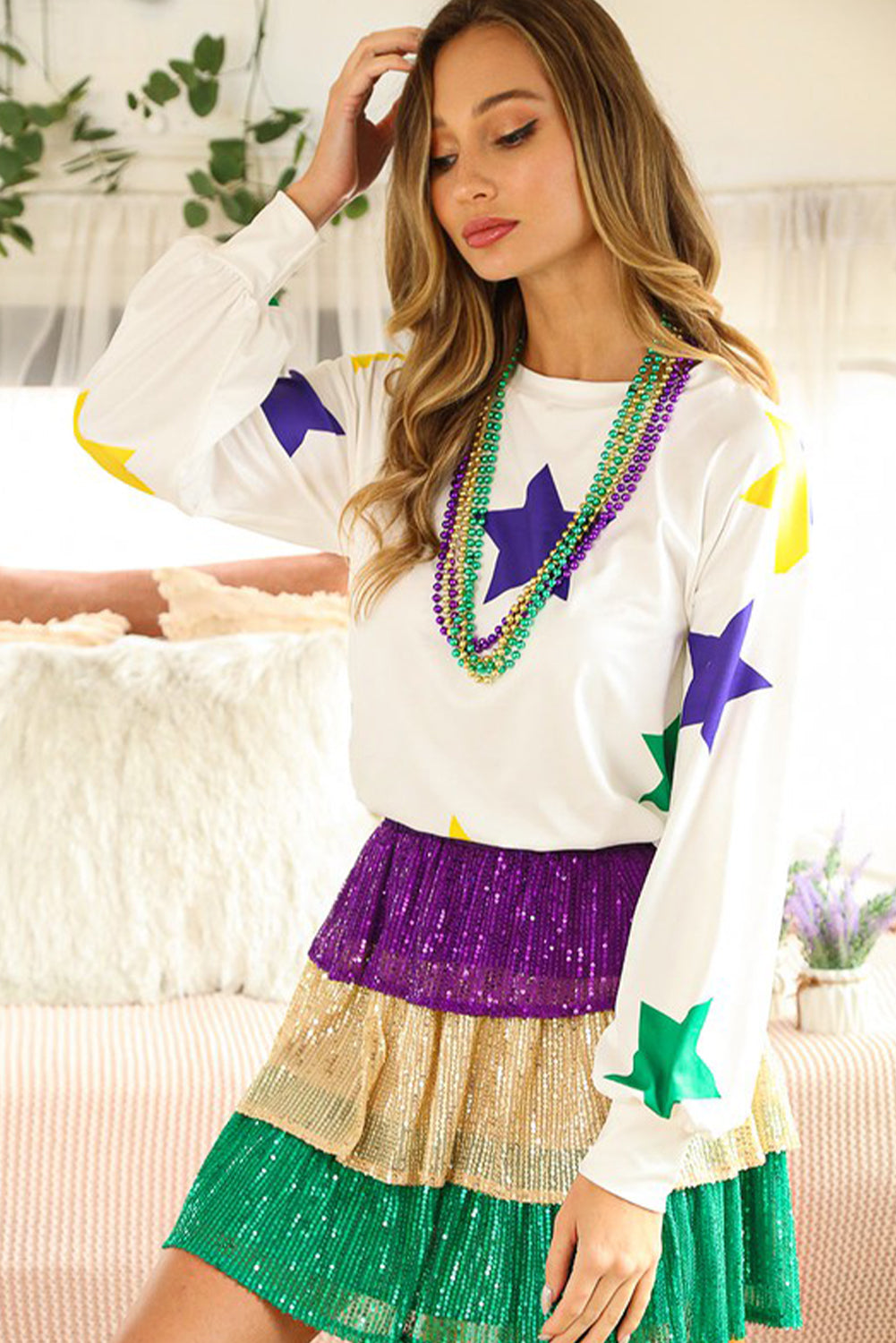 White Mardi Gras Star Printed Long Sleeve Top eAura
