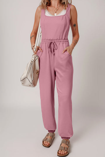 Light Pink Lace-up Elastic Waist Sleeveless Square Neck Jumpsuit eAura