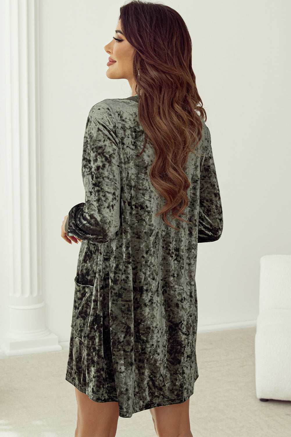 Jungle Green Velvet Long Sleeve V Neck Loose Dress with Pockets eAura